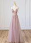 Pink V Neckline Beaded Straps Floor Length Prom Dress, Pink Long Prom Dresses