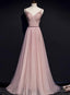 Pink V Neckline Beaded Tulle Prom Dresses , Prom Gowns