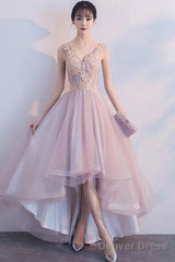 Pink V-Neckline High Low Fashionable Party Dress, Pink Prom Dress