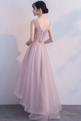 Pink V-Neckline High Low Fashionable Party Dress, Pink Prom Dress