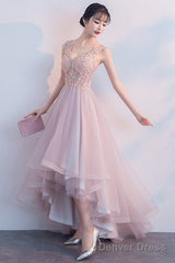 Pink V-Neckline High Low Formal Dress, Lace Applique Homecoming Dress