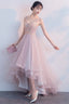 Pink V-Neckline High Low Prom Dress, Lace Applique Homecoming Dresses