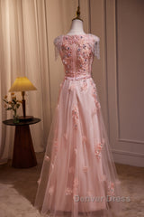Pink V-Neckline Tulle Beaded With Lace Applique Prom Dresses, Pink Party Dresses
