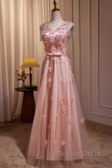 Pink V-Neckline Tulle Beaded With Lace Applique Prom Dresses, Pink Party Dresses