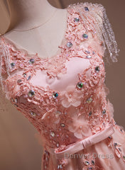 Pink V-Neckline Tulle Beaded With Lace Applique Prom Dresses, Pink Party Dresses