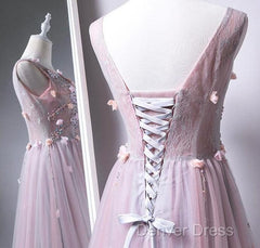 Pink V-Neckline Tulle With Flowers Beaded Long Party Dresses, Junior Prom Dresses
