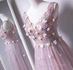 Pink V-Neckline Tulle With Flowers Beaded Long Party Dresses, Junior Prom Dresses