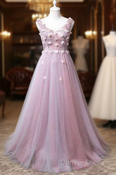 Pink V-Neckline Tulle With Flowers Beaded Long Party Dresses, Junior Prom Dresses