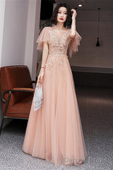 Pink V-Neckline Tulle With Lace Applique Long Prom Dress, Pink A-Line Party Dress