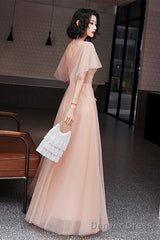 Pink V-Neckline Tulle With Lace Applique Long Prom Dress, Pink A-Line Party Dress