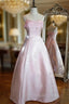 Pink Vintage Shimmering Satin Spaghetti Straps Gowns Princess Dresses