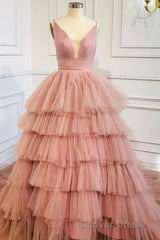 Blue V Neck Tiered Sleeveless Tulle Prom Dresses, Gorgeous Long Party Dresses