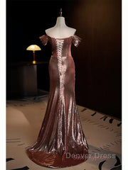 Pleat Trumpet Mermaid Coffee Sequin Prom Dresses With Slit