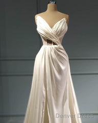 Pleated V Neck High Slit Satin Wedding Dress