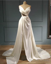 Pleated V Neck High Slit Satin Wedding Dress