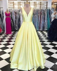Plunge V-Neck Long Satin Ball Gowns Prom Dresses