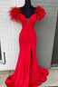 Plunging V Neck Off the Shoulder Feathered Red Long Prom Dresses