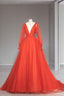 Plunging V Neck Tulle Floor Length Prom Dress, Orange Long Sleeve Prom Dresses