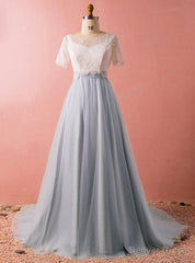 Plus Size Gray Tulle Lace Two Piece Short Sleeve Prom Dress