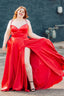Plus Size Satin Spaghetti Straps Red Long Prom Dresses with Pockets