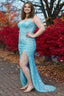 Plus Size Sparkly Sky Blue Sequins Long Prom Dresses with Slit
