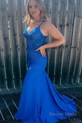 Plus Size Sparkly Spaghetti Straps Royal Blue Sequins Long Prom Dress
