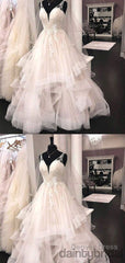 Popular V-Neck Spaghetti Straps Lace Tulle Ball Gown Wedding Dress.Db10016