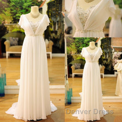 Popular Vintage Wedding Dresses Bohemia Short Sleeves Beads Peals Chiffon Bridal Dresses