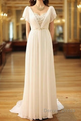 Popular Vintage Wedding Dresses Bohemia Short Sleeves Beads Peals Chiffon Bridal Dresses
