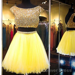 Popular Yellow Cap Sleeve Vintage Gorgeous V-Back Casual Homecoming Dress