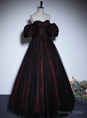 Pretty A-line Black and Red Lace Sweetheart Evening Dress, Black and Red Prom Dress