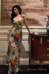 Pretty A Line Halter Floral Long Prom Dresses Birthday Outfits Evening Gown