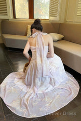 Pretty A Line Halter Pink Chiffon Floral Ankle Length Evening Dress Prom Dresses