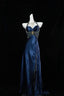 Pretty A Line Halter Sleeveless Navy Blue Slit Beads Long Prom Dress