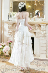 Pretty A Line High Low Ruffles Long Evening Dress Lace White Prom Dresses