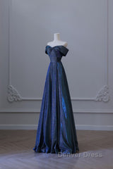 Pretty A Line Off The Shoulder Blue Sequin Long Prom Dresses Evening Gowns