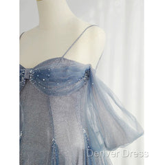 Pretty A Line Off The Shoulder Blue Sequin Tulle Long Length Evening Dresses Prom Dresses