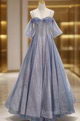 Pretty A Line Off The Shoulder Blue Sequin Tulle Long Length Evening Dresses Prom Dresses