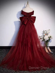 Pretty A Line Off The Shoulder Burgundy Satin Long Evening Party Dresses Prom Dresses With Bow