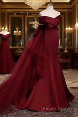 Pretty A Line Off The Shoulder Burgundy Satin Long Evening Party Dresses Prom Dresses With Bow