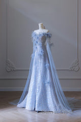 Pretty A Line Off The Shoulder Floor-Length Blue Sequin Short Sleeves Evening Dresses Prom Dresses