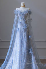 Pretty A Line Off The Shoulder Floor-Length Blue Sequin Short Sleeves Evening Dresses Prom Dresses