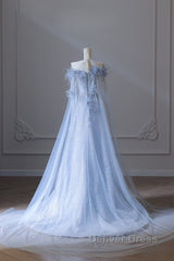 Pretty A Line Off The Shoulder Floor-Length Blue Sequin Short Sleeves Evening Dresses Prom Dresses