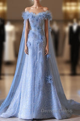 Pretty A Line Off The Shoulder Floor-Length Blue Sequin Short Sleeves Evening Dresses Prom Dresses