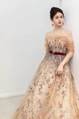 Pretty A Line Off The Shoulder Long Sleeves Floral Tulle Long Length Evening Dresses Prom Dresses