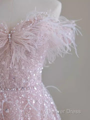 Pretty A Line Off The Shoulder Pink Sequin Long Evening Party Dresses Prom Dresses