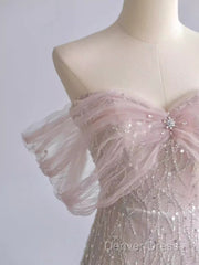 Pretty A Line Off The Shoulder Pink Sequin Long Evening Party Dresses Prom Dresses With Beads