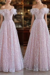 Pretty A Line Off The Shoulder Pink Sequin Long Evening Party Dresses Prom Dresses