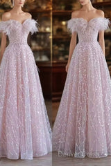 Pretty A Line Off The Shoulder Pink Sequin Long Evening Party Dresses Prom Dresses