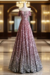 Pretty A Line Off The Shoulder Pink Sequin Long Prom Dresses Evening Gowns